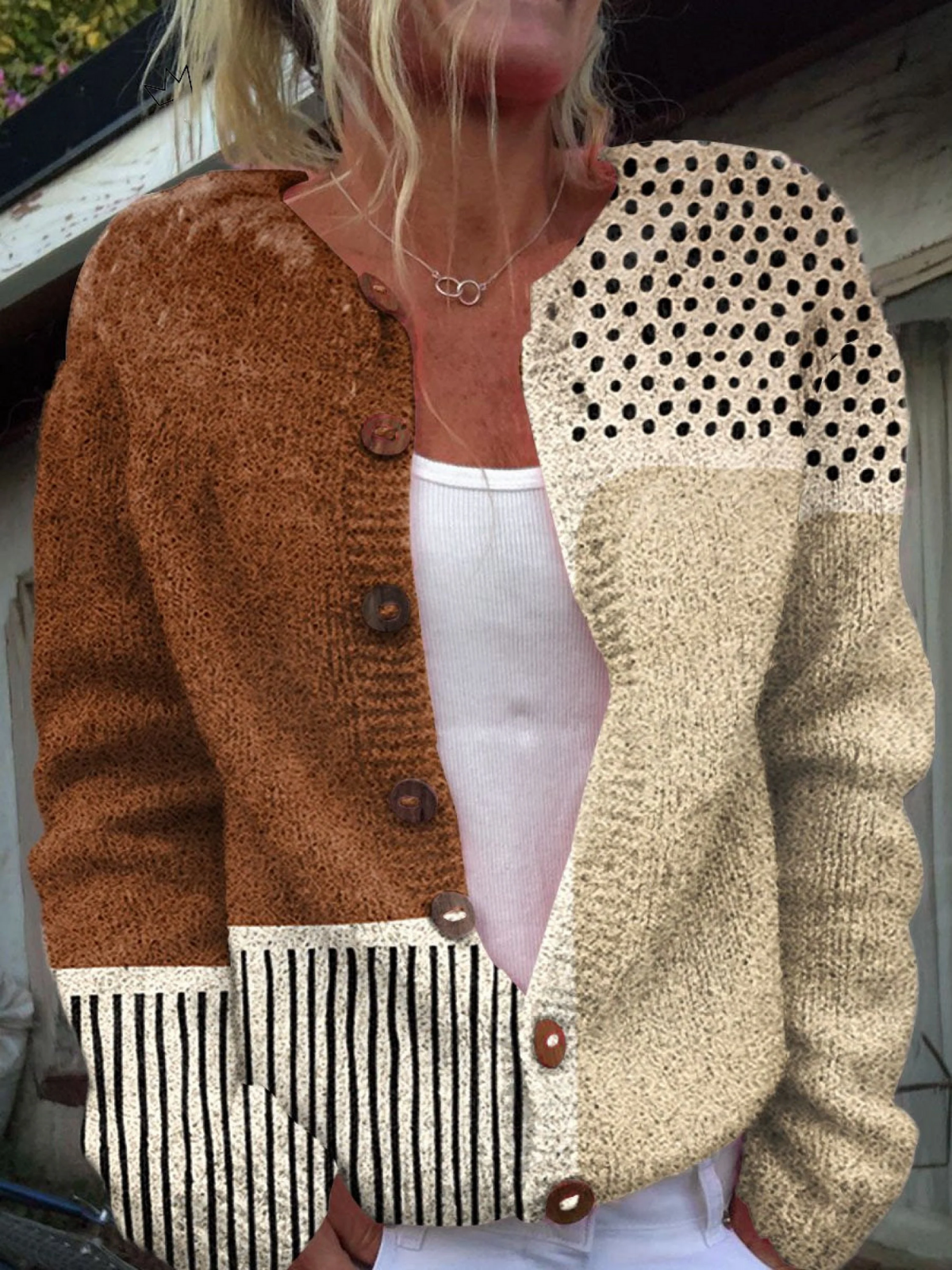 Alexandra | Women's Knit Patchwork Cardigan with Dot and Stripe Print