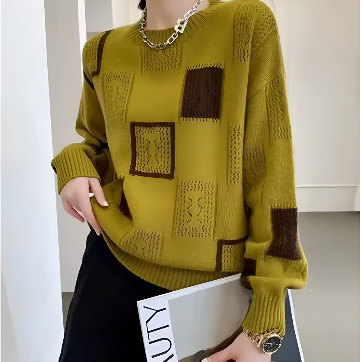 Alica | Women's Knit Round Neck Jumper with Patchwork Pointelle Panels
