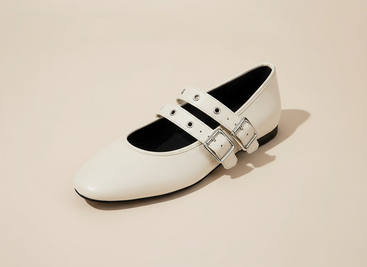 Ivy | Women's Faux Leather Mary Jane Flats with Double Buckle Straps
