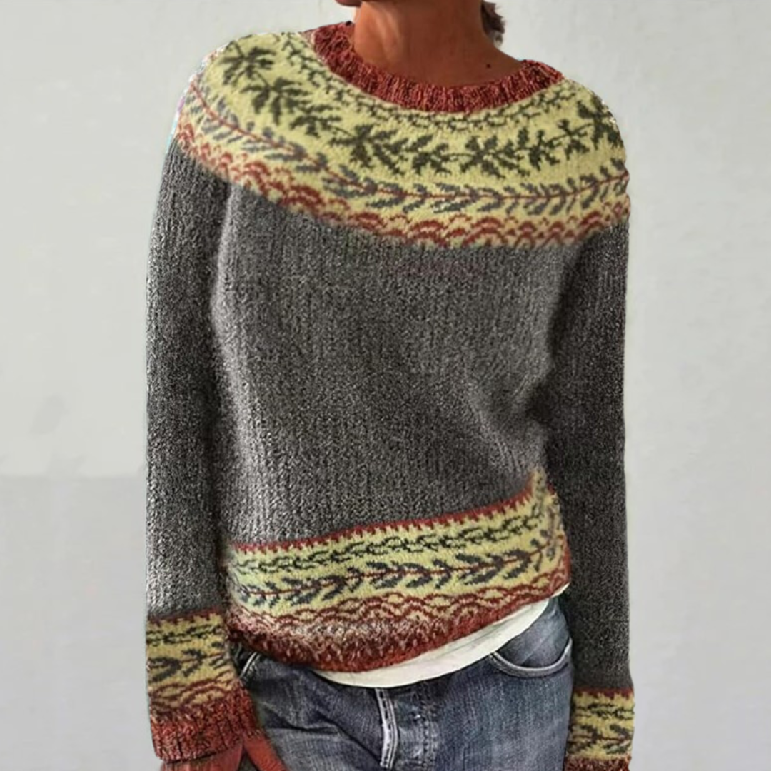 Lara | Women's Knit Nordic Yoke Jumper with Leaf Pattern Hem and Cuffs