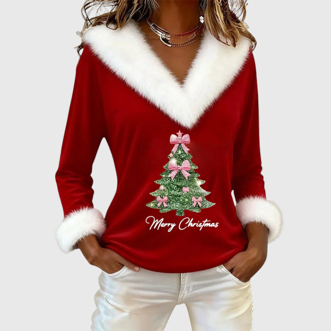 Lylia | Women's Faux Fur Trim V Neck Christmas Jumper with Tree Print