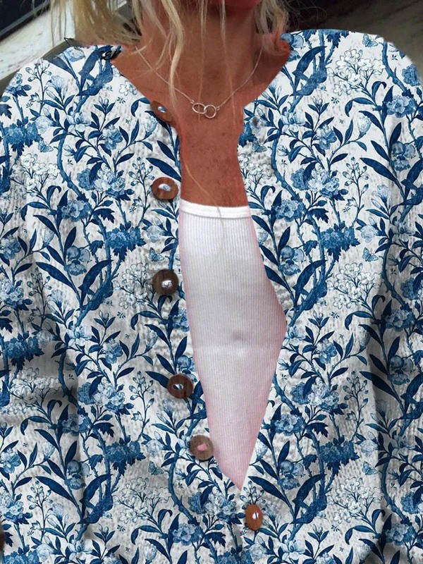 Women's Knit Round Neck Cardigan with Chinoiserie Floral Print