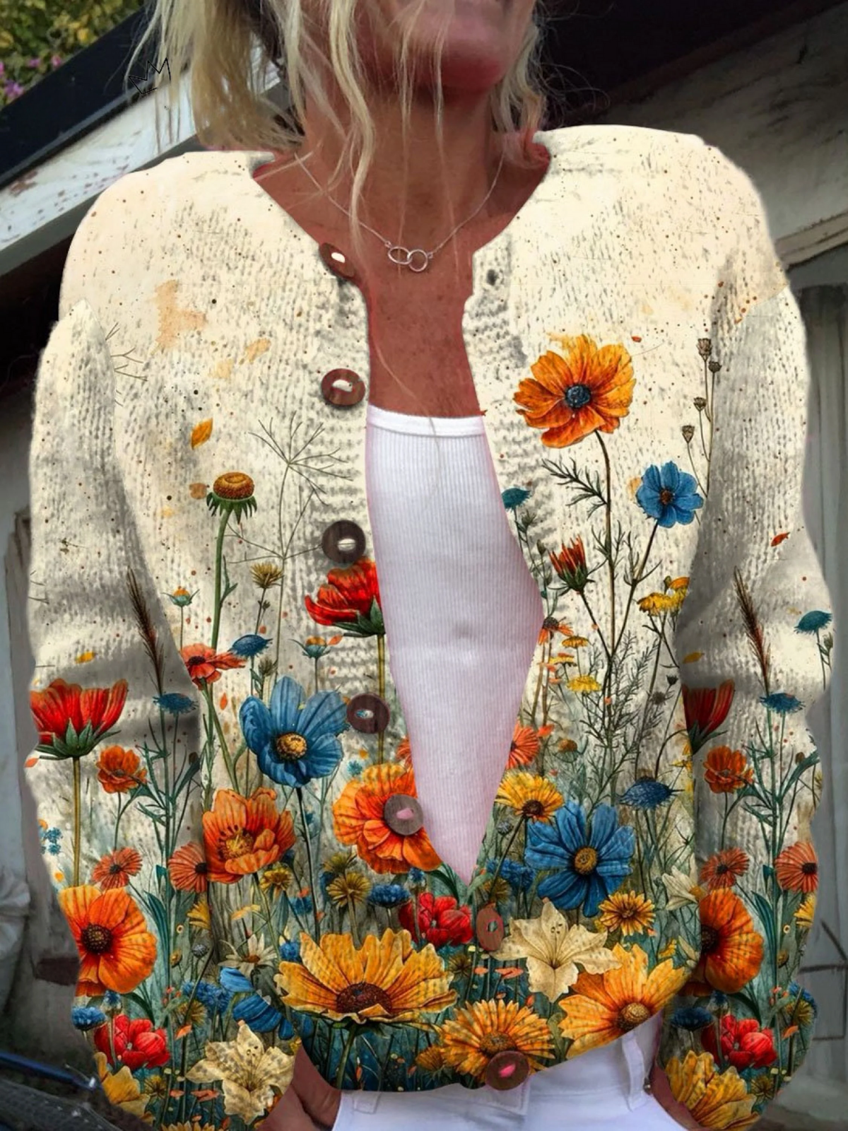 Women's Knit Round Neck Cardigan with Wildflower Print