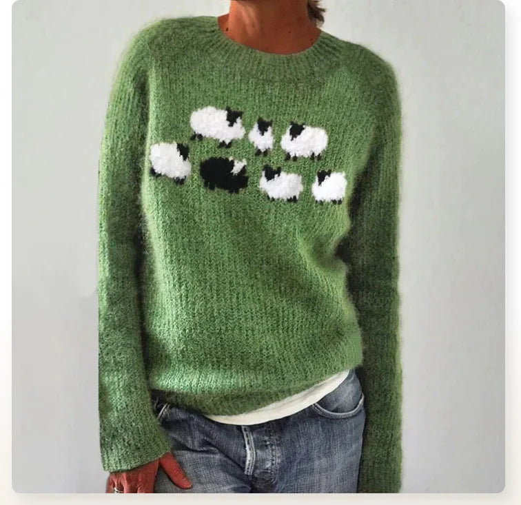 Addison | Women's Ribbed Knit Round Neck Jumper with Sheep Motif