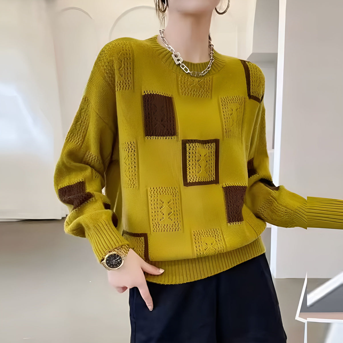 Alica | Women's Knit Round Neck Jumper with Patchwork Pointelle Panels