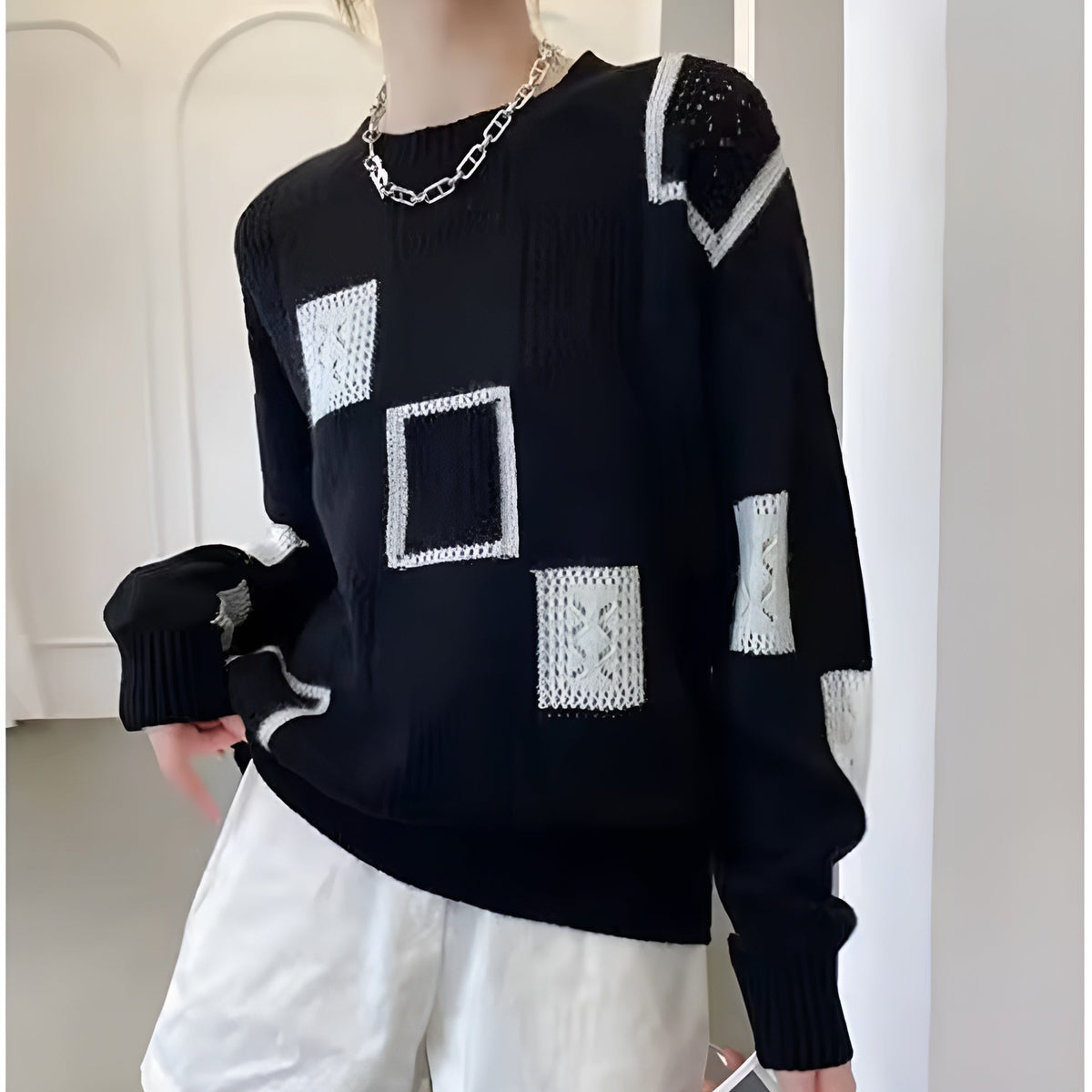 Alica | Women's Knit Round Neck Jumper with Patchwork Pointelle Panels