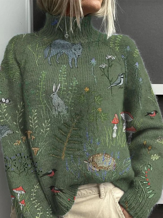 Ashley | Women's Knit Turtleneck Jumper with Woodland Animal Print