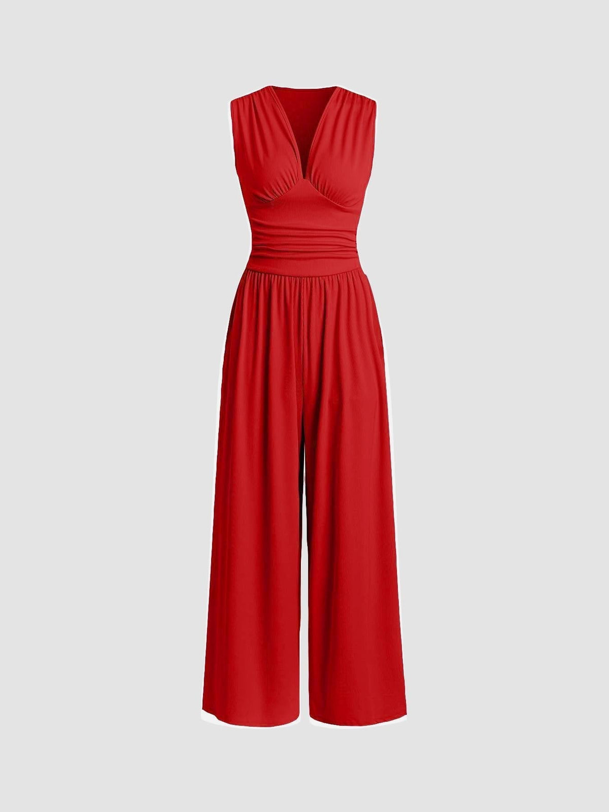 Charity | Women's Ribbed V Neck Wide Leg Jumpsuit with Ruched Waist