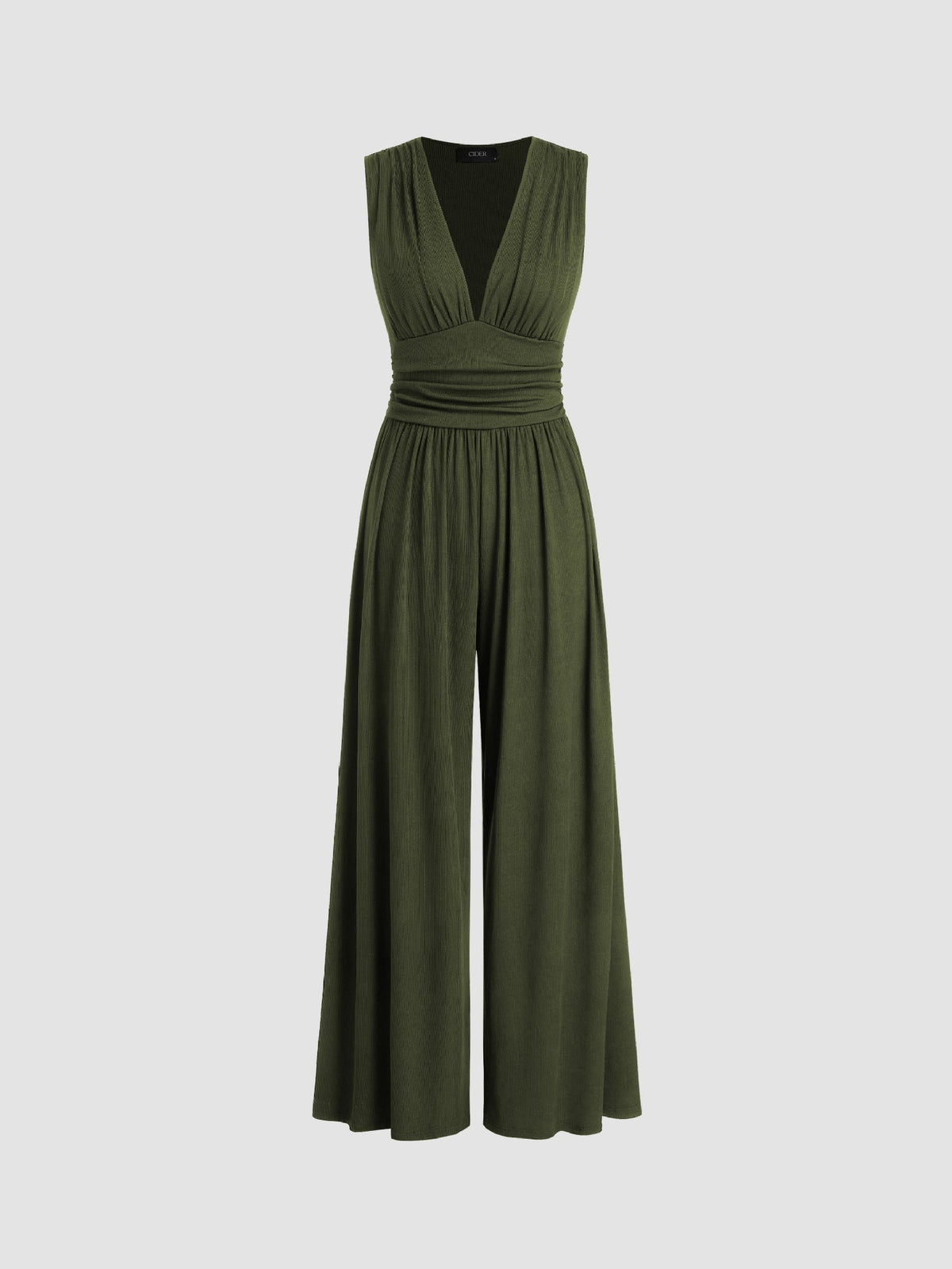 Charity | Women's Ribbed V Neck Wide Leg Jumpsuit with Ruched Waist