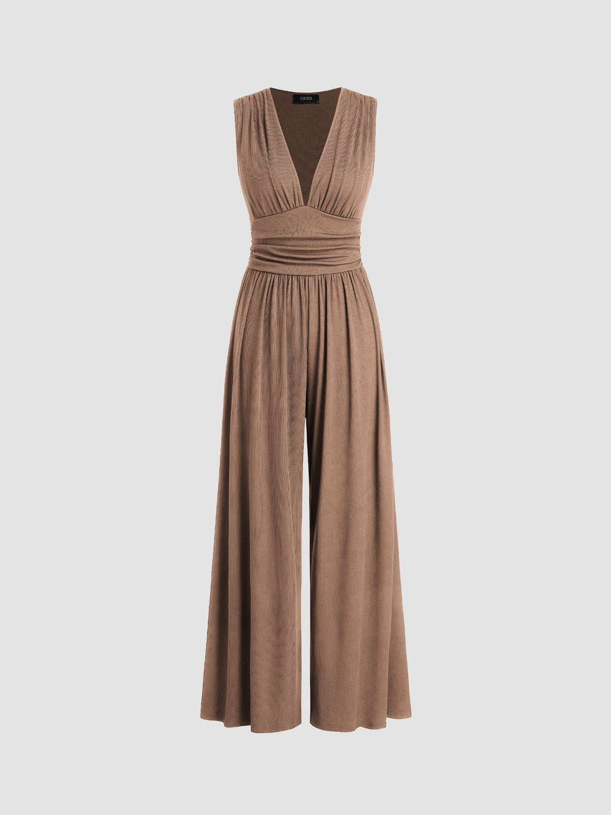 Charity | Women's Ribbed V Neck Wide Leg Jumpsuit with Ruched Waist