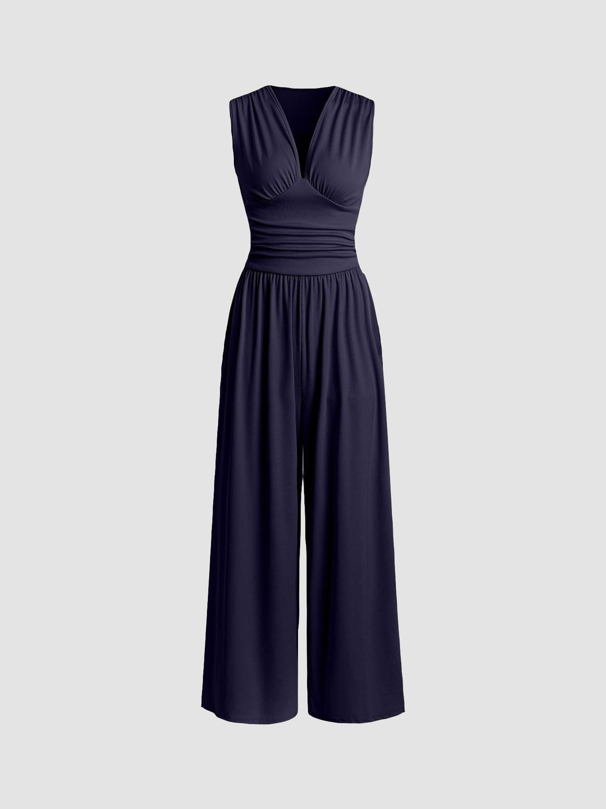 Charity | Women's Ribbed V Neck Wide Leg Jumpsuit with Ruched Waist