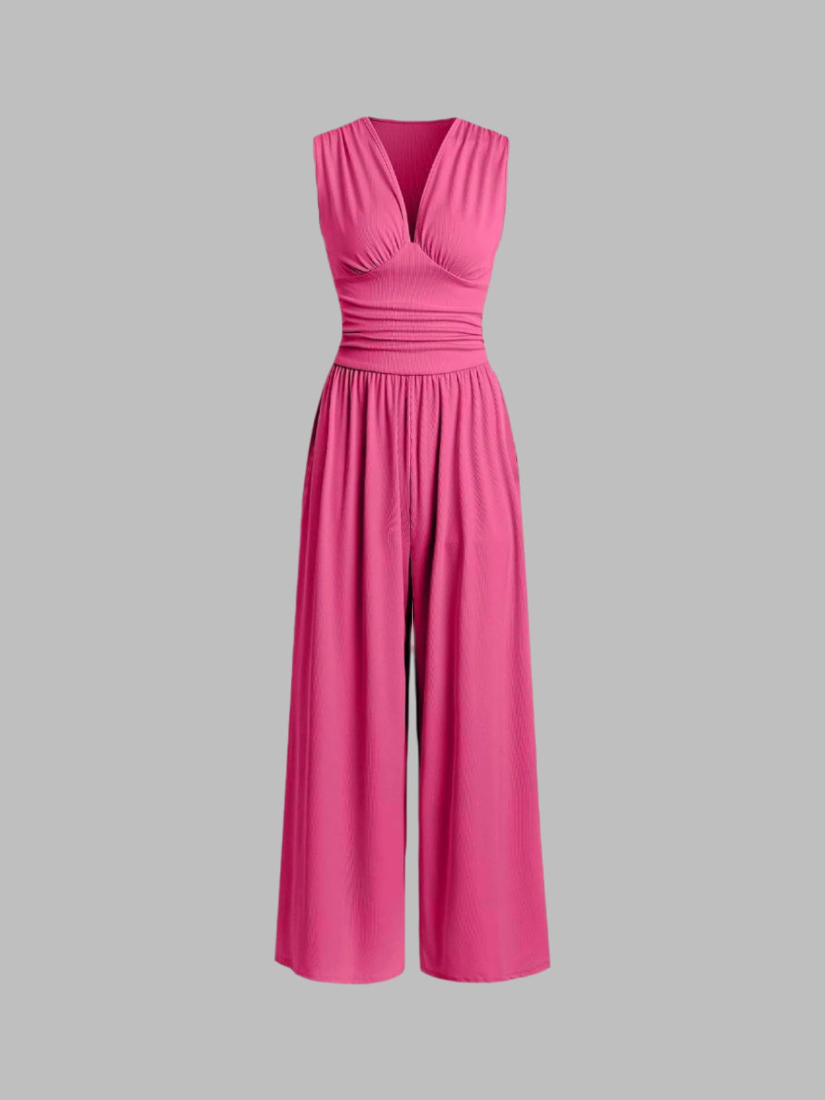 Charity | Women's Ribbed V Neck Wide Leg Jumpsuit with Ruched Waist