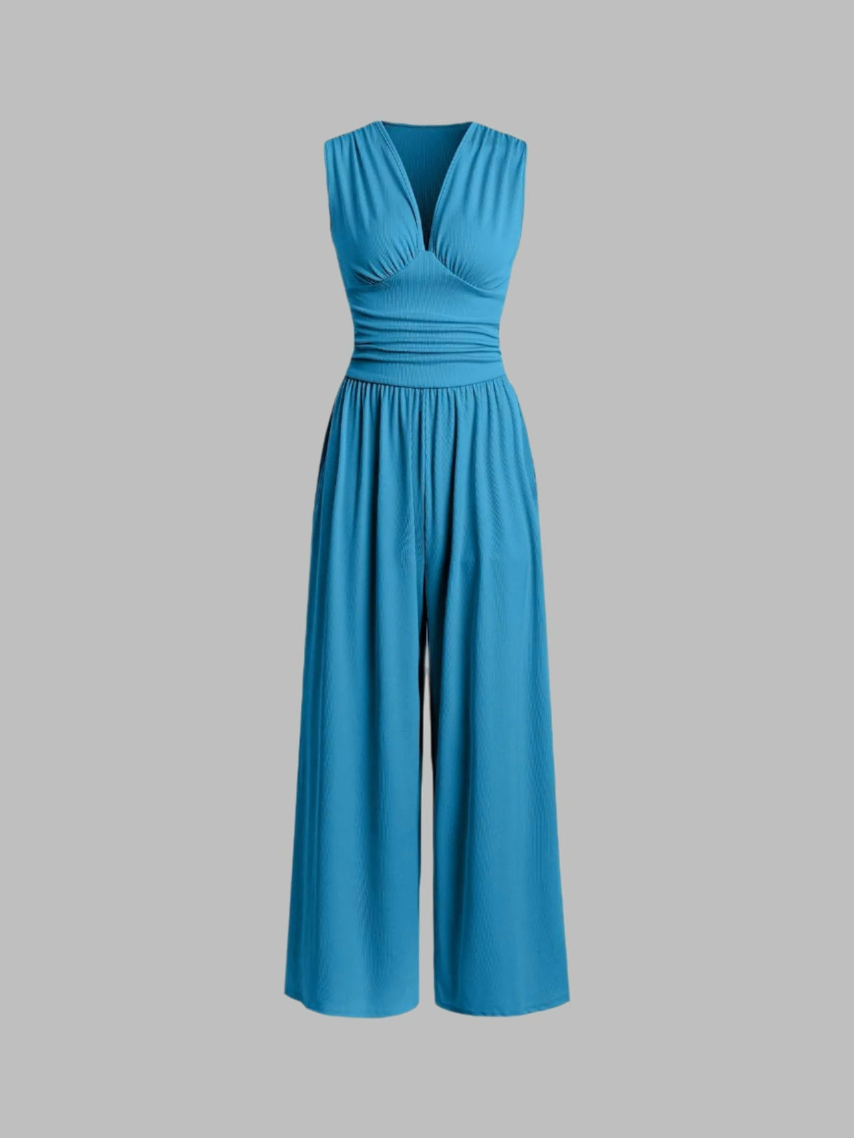 Charity | Women's Ribbed V Neck Wide Leg Jumpsuit with Ruched Waist
