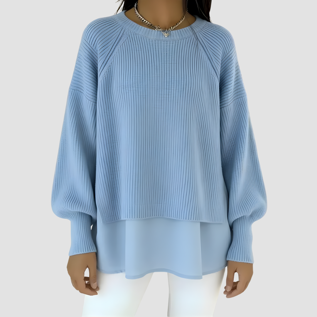 Denise | Women's Ribbed Knit Layered Look Jumper with Balloon Sleeves