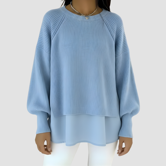 Denise | Women's Ribbed Knit Layered Look Jumper with Balloon Sleeves