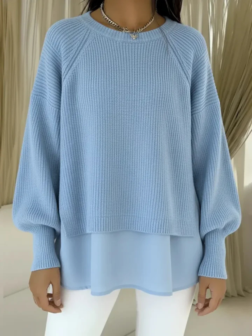 Denise | Women's Ribbed Knit Layered Look Jumper with Balloon Sleeves