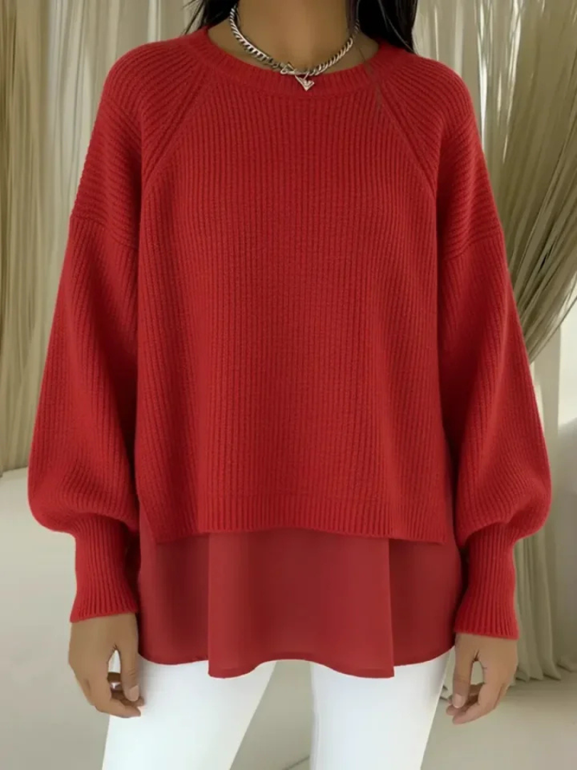 Denise | Women's Ribbed Knit Layered Look Jumper with Balloon Sleeves