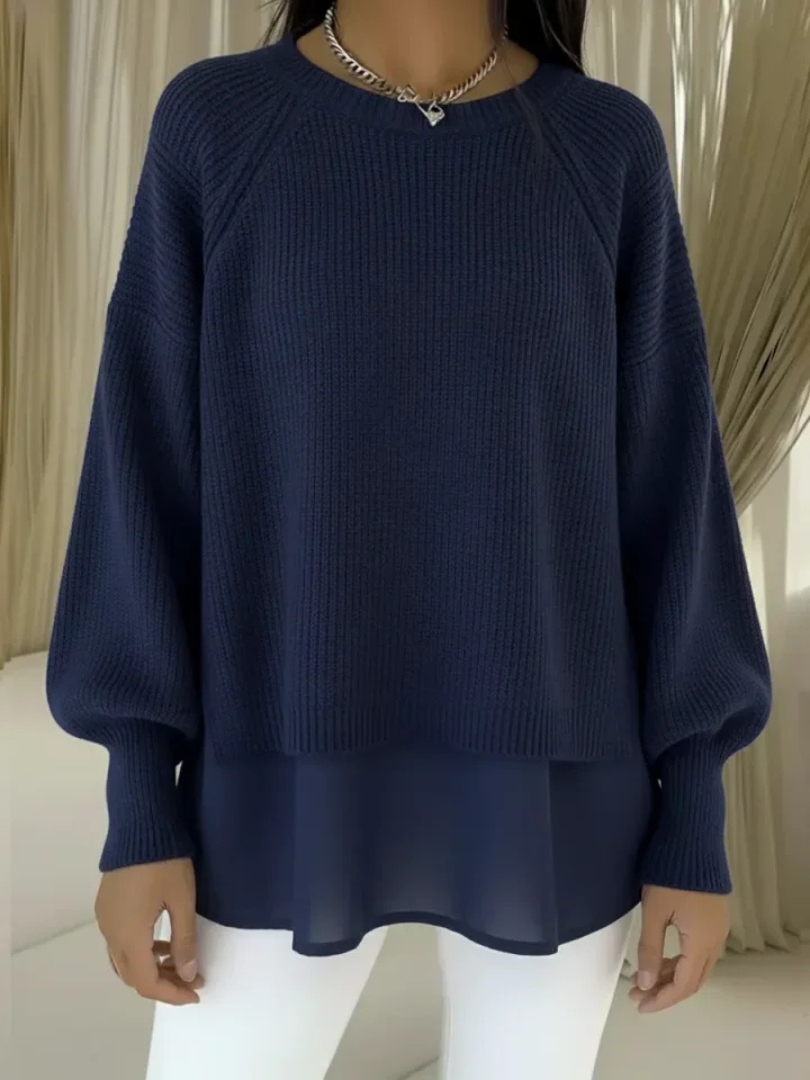 Denise | Women's Ribbed Knit Layered Look Jumper with Balloon Sleeves