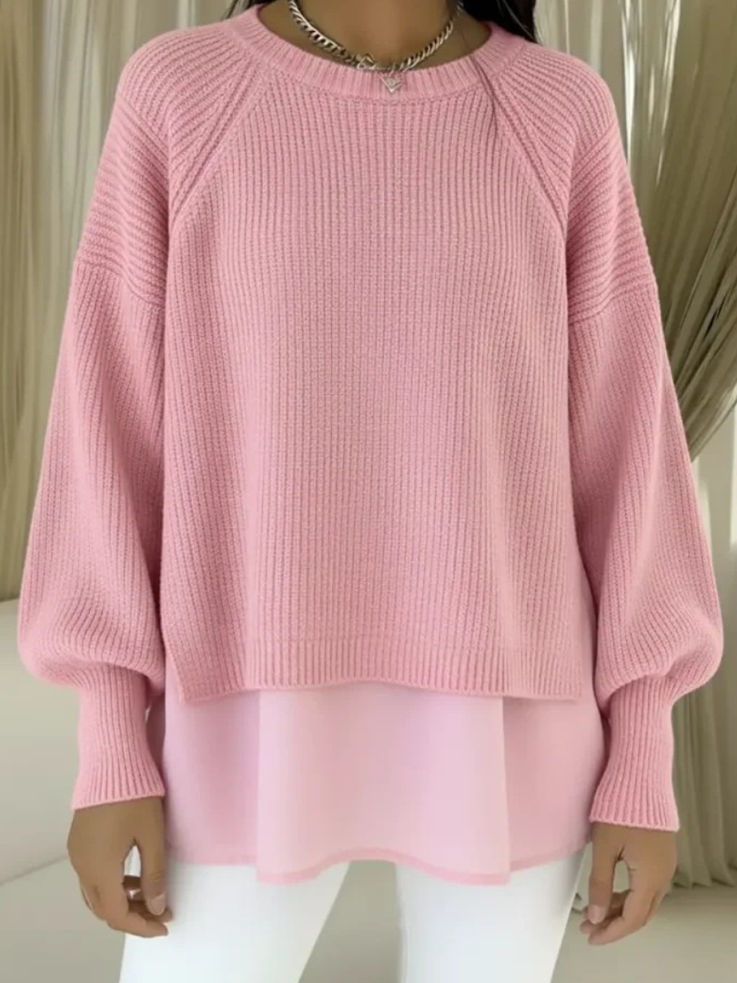 Denise | Women's Ribbed Knit Layered Look Jumper with Balloon Sleeves