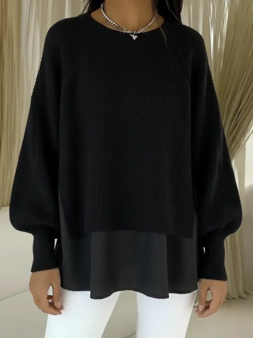 Denise | Women's Ribbed Knit Layered Look Jumper with Balloon Sleeves