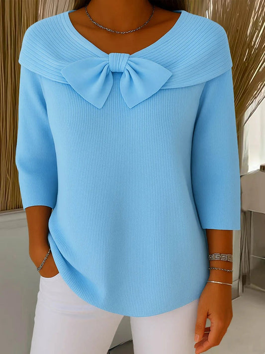 Evangeline | Women's Ribbed Knit Fold Over Collar Jumper with Bow