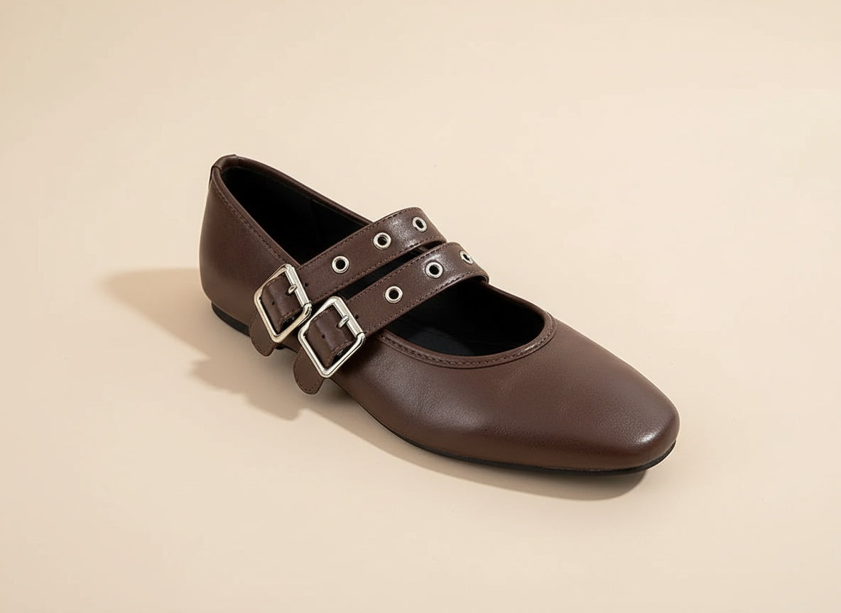 Ivy | Women's Faux Leather Mary Jane Flats with Double Buckle Straps