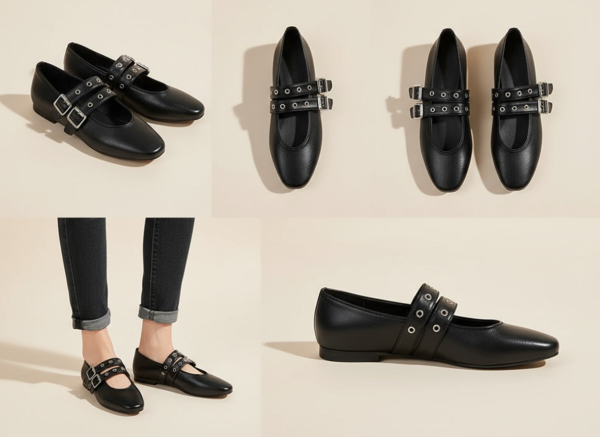 Ivy | Women's Faux Leather Mary Jane Flats with Double Buckle Straps