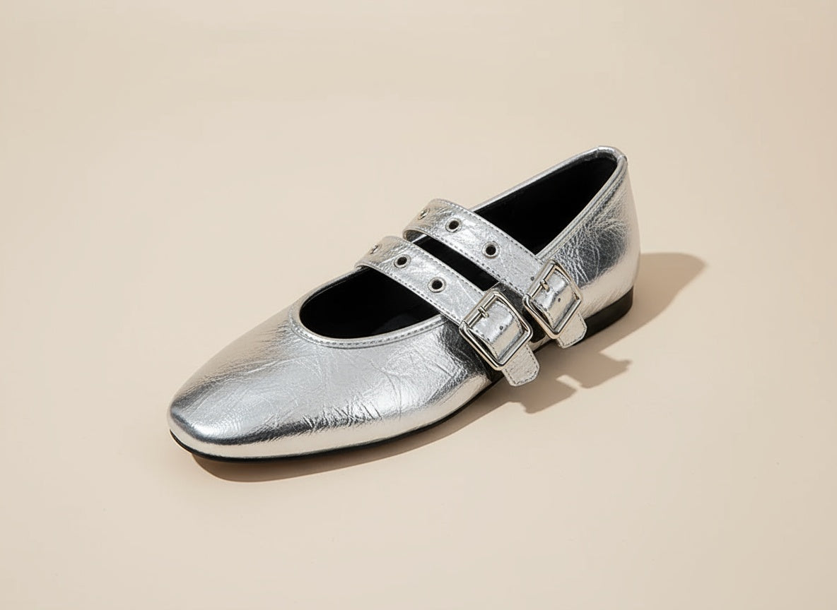 Ivy | Women's Faux Leather Mary Jane Flats with Double Buckle Straps