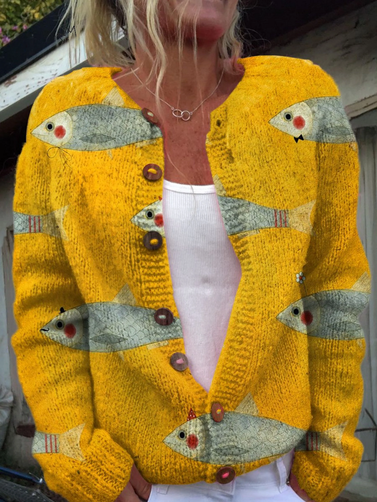 Julie | Women's Knit Round Neck Cardigan with Fish Print