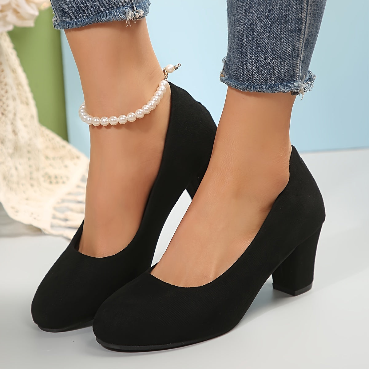LaureEase | Women's Suede Effect Block Heel Court Shoes with Round Toe