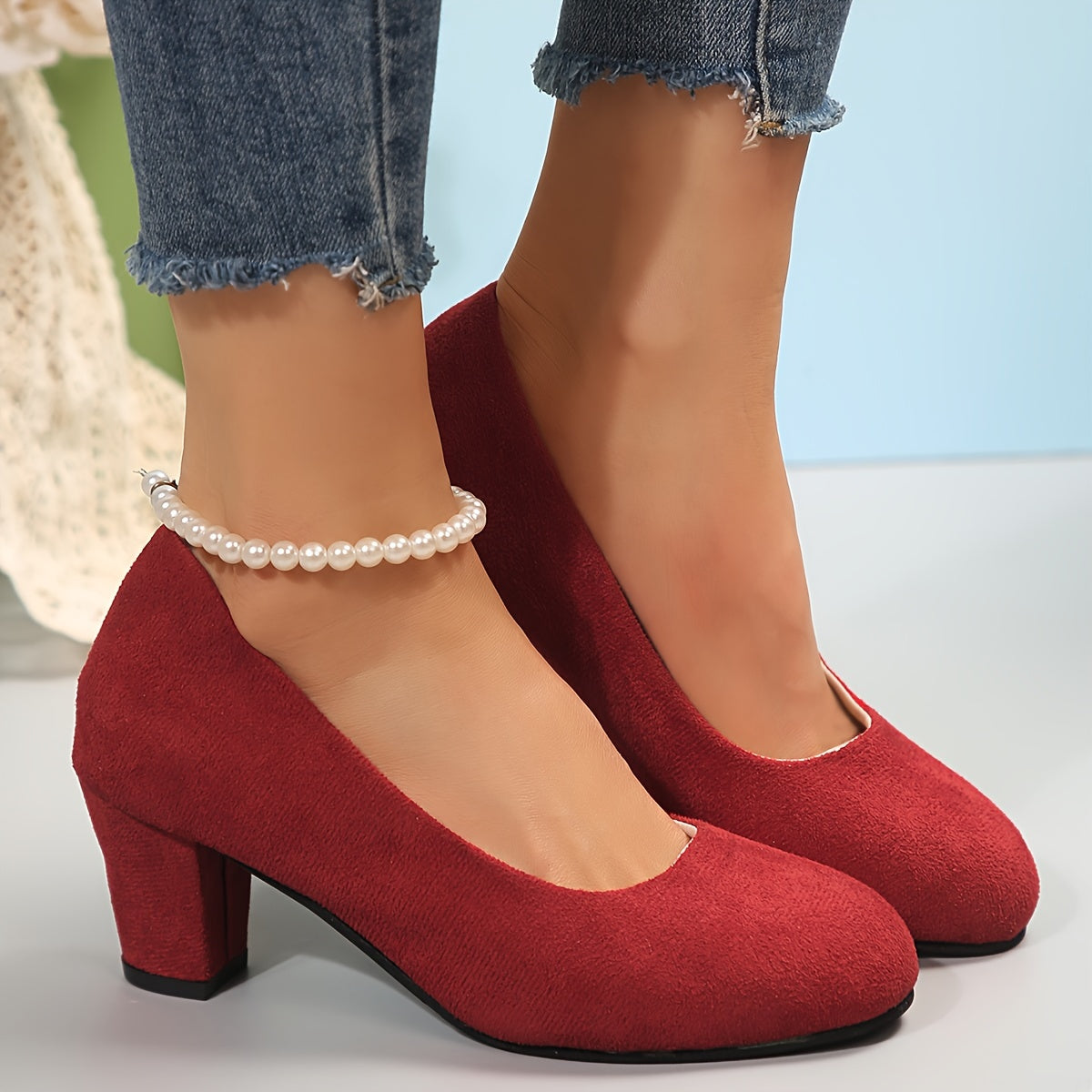 LaureEase | Women's Suede Effect Block Heel Court Shoes with Round Toe