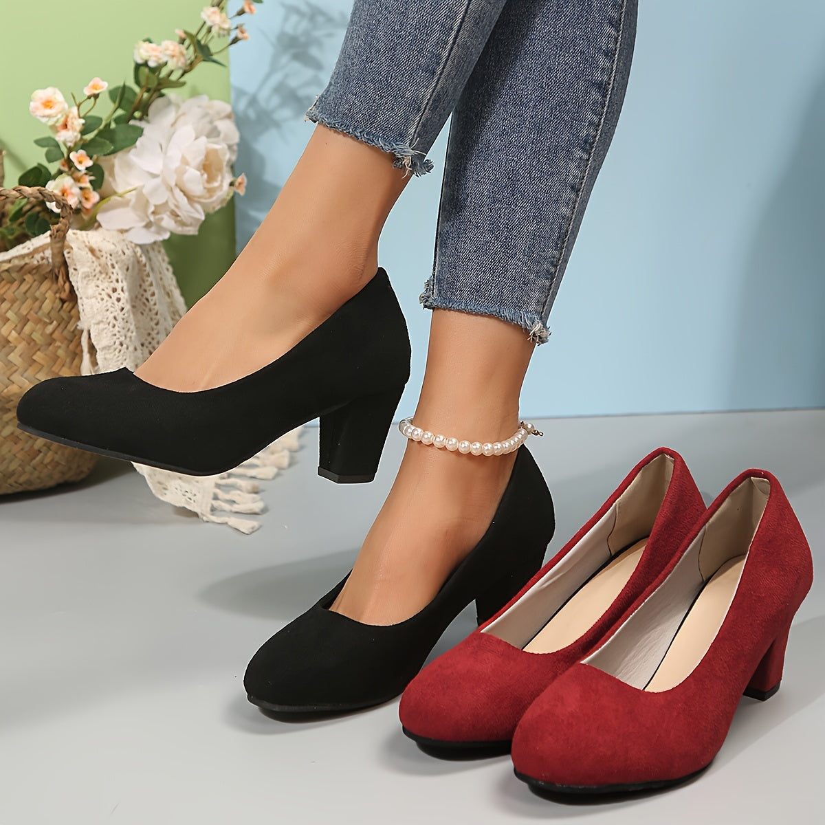 LaureEase | Women's Suede Effect Block Heel Court Shoes with Round Toe