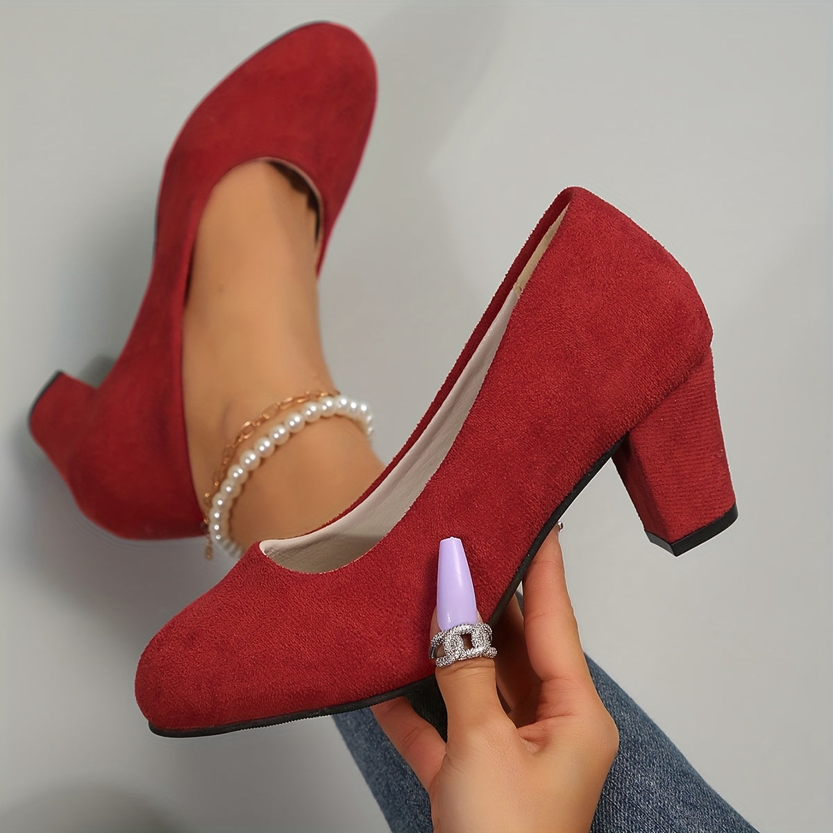 LaureEase | Women's Suede Effect Block Heel Court Shoes with Round Toe