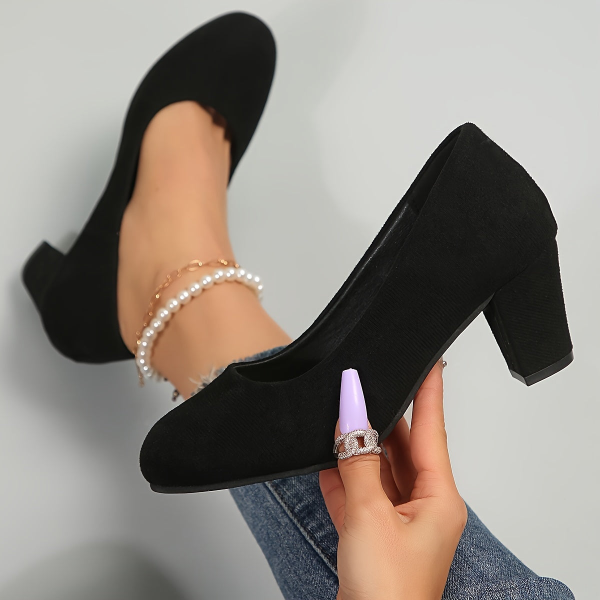 LaureEase | Women's Suede Effect Block Heel Court Shoes with Round Toe