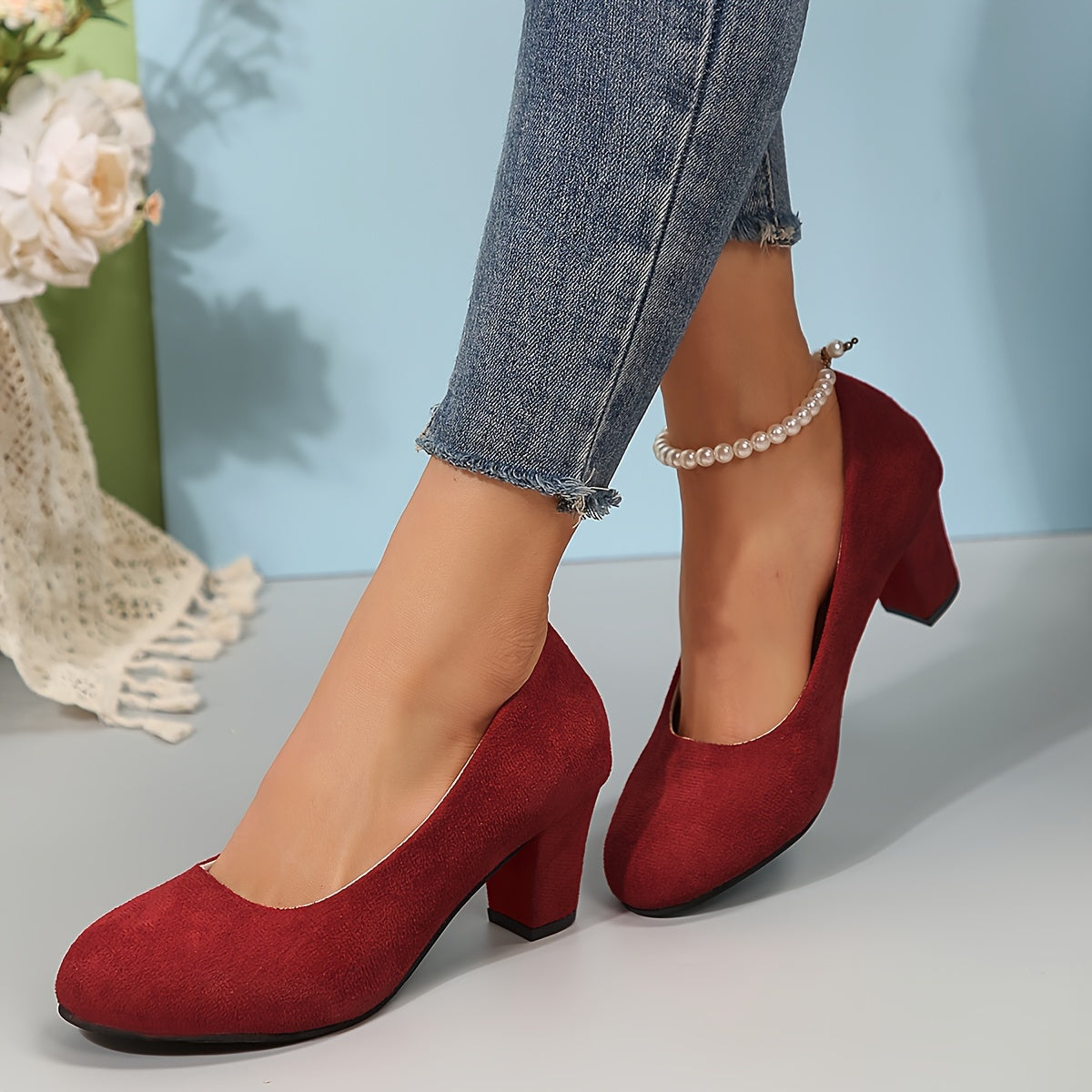 LaureEase | Women's Suede Effect Block Heel Court Shoes with Round Toe