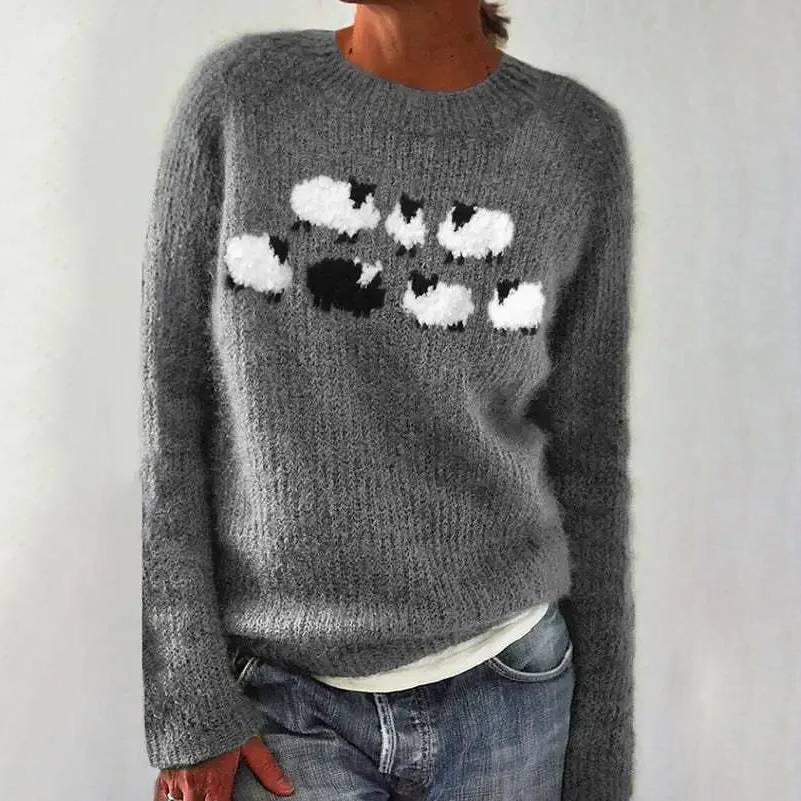 Lina | Women's Knit Round Neck Jumper with Fluffy Sheep Motif