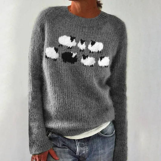 Lina | Women's Knit Round Neck Jumper with Fluffy Sheep Motif
