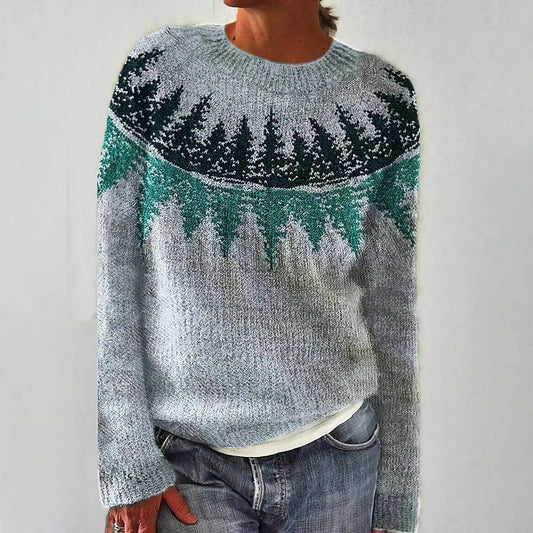 Luna | Women's Knit Nordic Yoke Jumper with Pine Tree Pattern