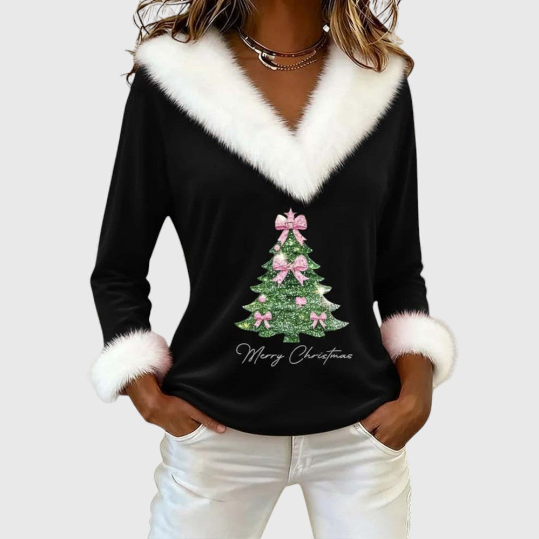 Lylia | Women's Faux Fur Trim V Neck Christmas Jumper with Tree Print