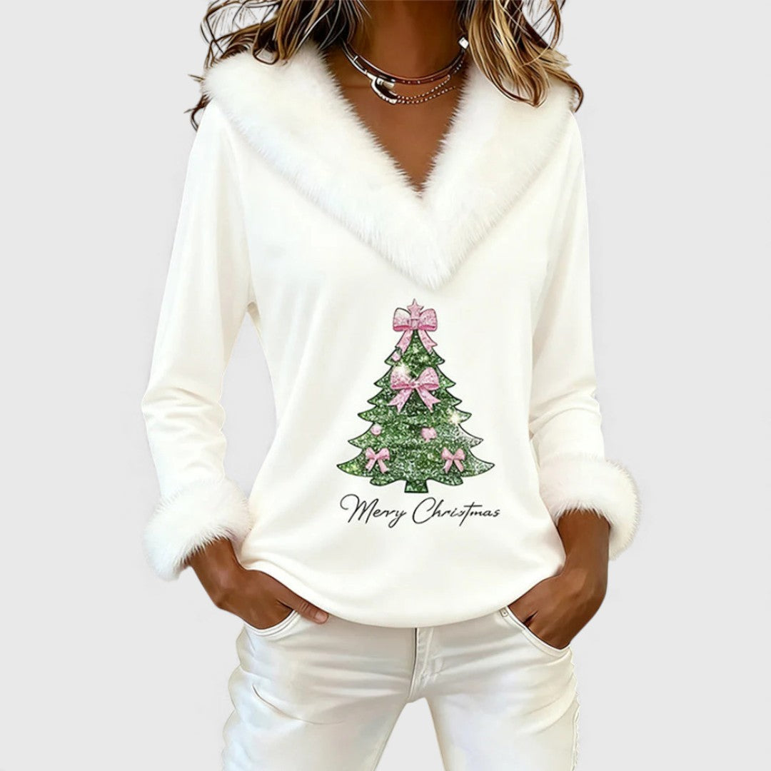 Lylia | Women's Faux Fur Trim V Neck Christmas Jumper with Tree Print