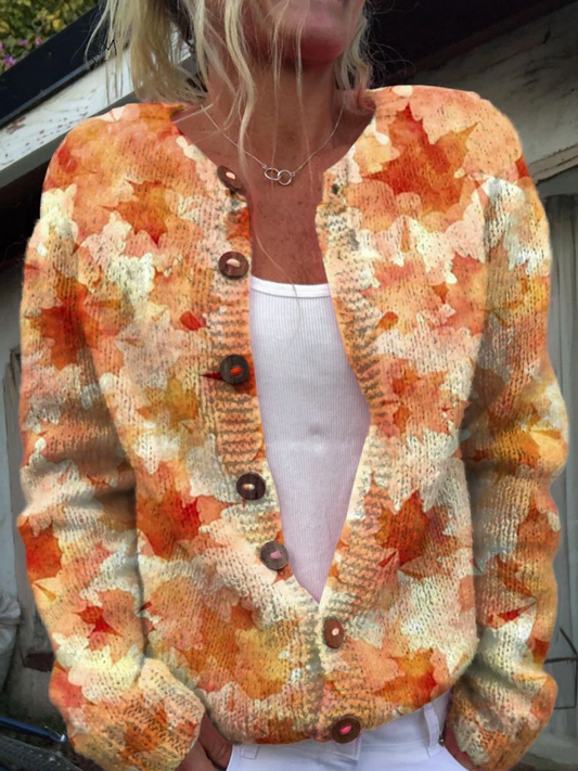 Maple | Women's Knit Round Neck Cardigan with Maple Leaf Print