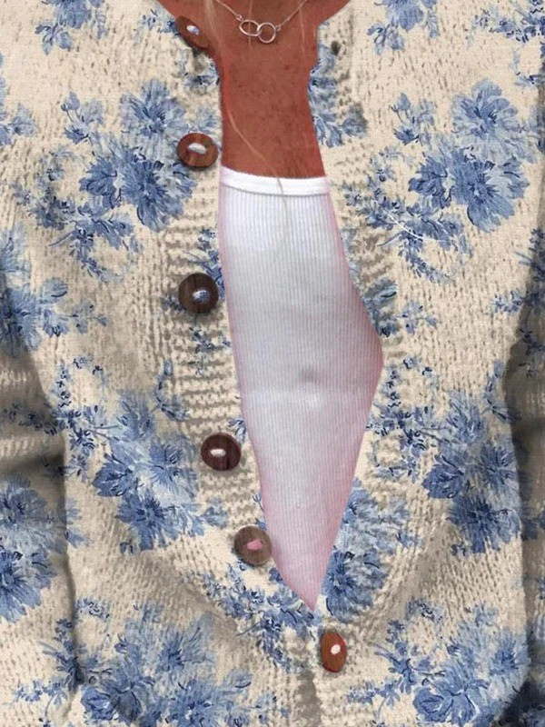 Women's Knit Round Neck Cardigan with Vintage Floral Print